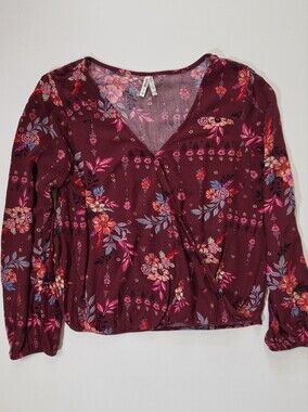 Mudd Wrap Mudd Wrap Front Top Womens Small Red Pink Floral Cottagecore Boho Whim